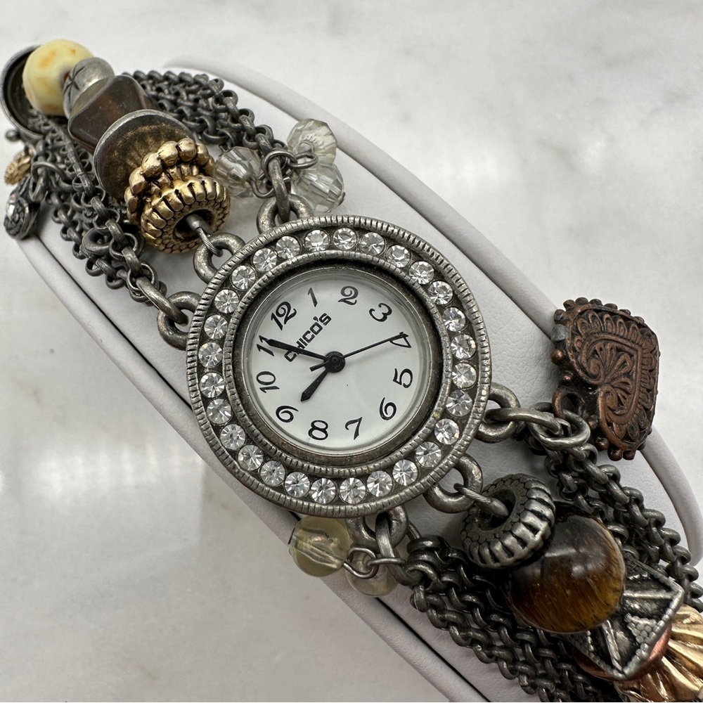 Chicos Charm Bracelet Watch, Heart, Stone, Beads, Brown and Silver Tones